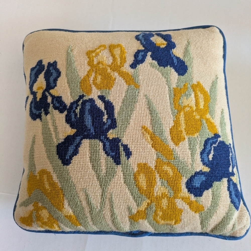 Vintage Needlepoint Floral Pillow. Yellow And Blue Iris.